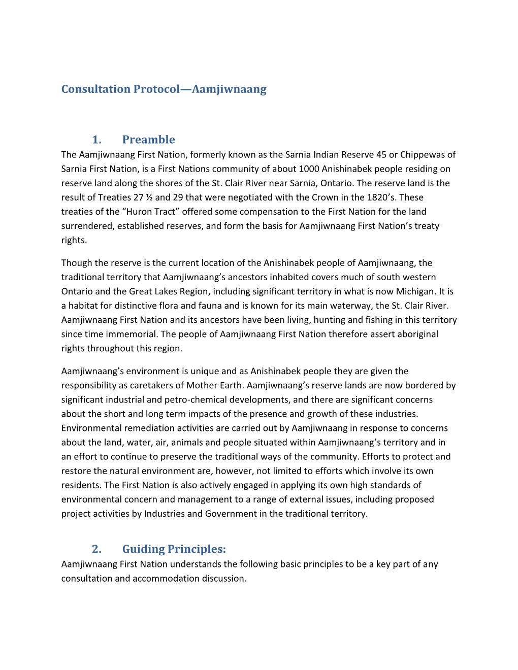 Consultation Protocol—Aamjiwnaang 1. Preamble 2. Guiding Principles