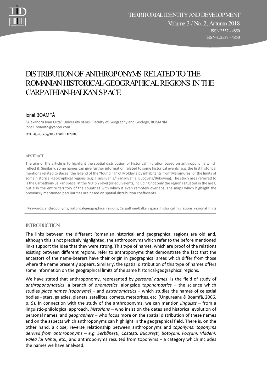 Distribution of Anthroponyms Related to the Romanian Historical-Geographical Regions in the Carpathian-Balkan Space