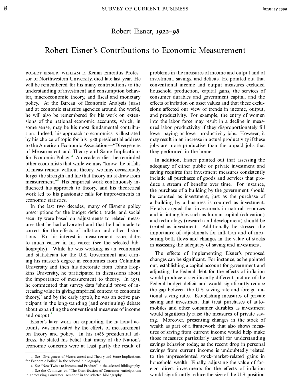 Robert Eisner's Contributions to Economic Measurement, January 1999