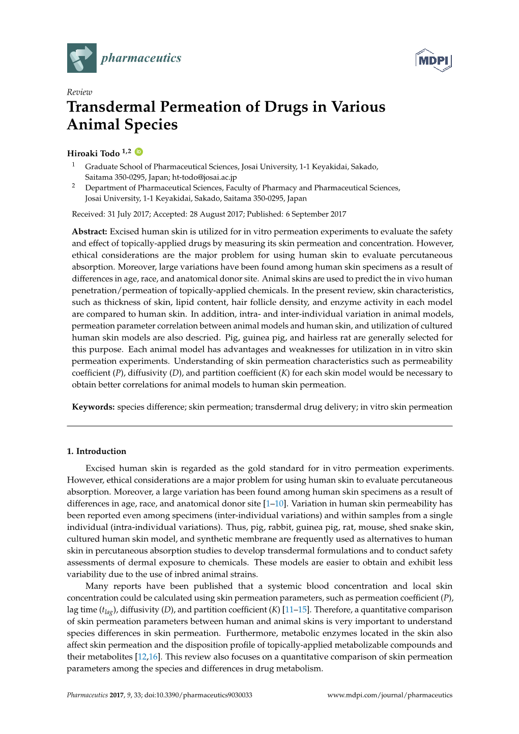 Transdermal Permeation of Drugs in Various Animal Species