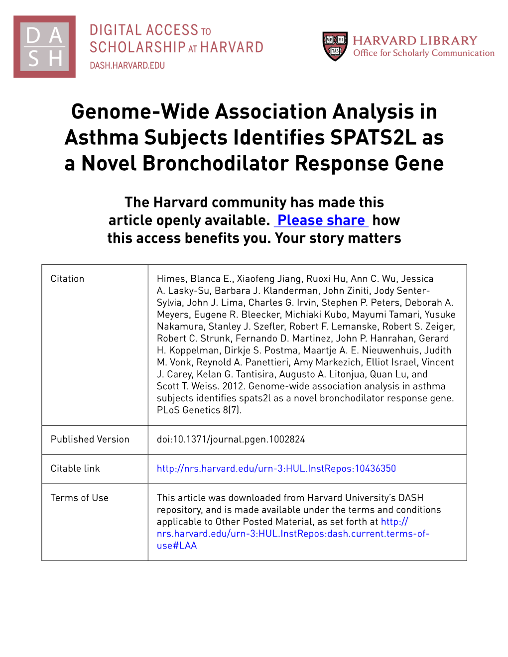 Genome-Wide Association Analysis in Asthma Subjects Identifies SPATS2L As a Novel Bronchodilator Response Gene