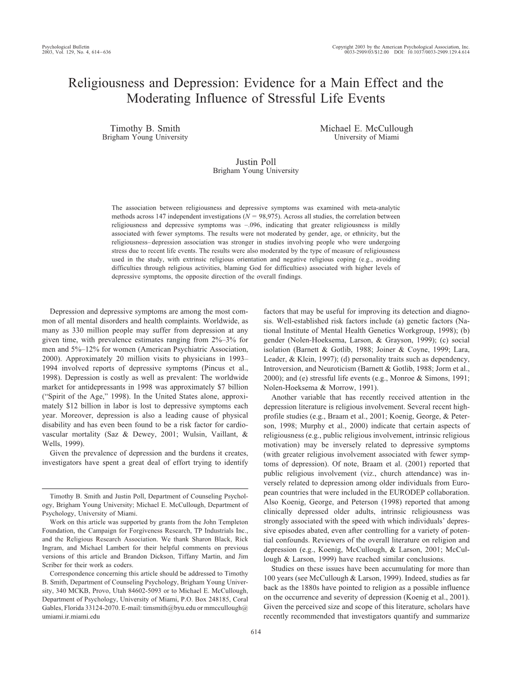 Religiousness and Depression: Evidence for a Main Effect and the Moderating Influence of Stressful Life Events