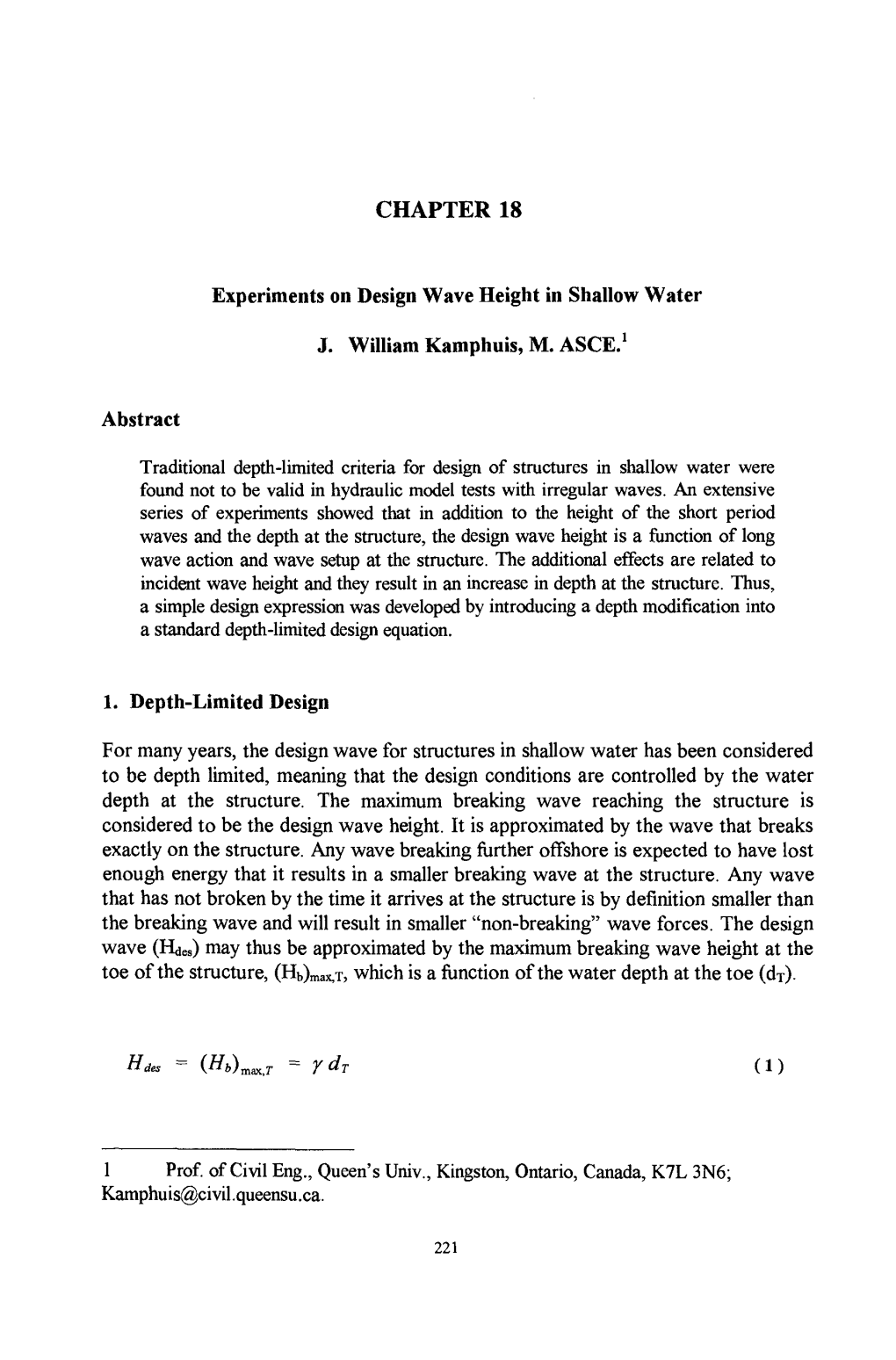 CHAPTER 18 Experiments on Design Wave Height in Shallow Water J