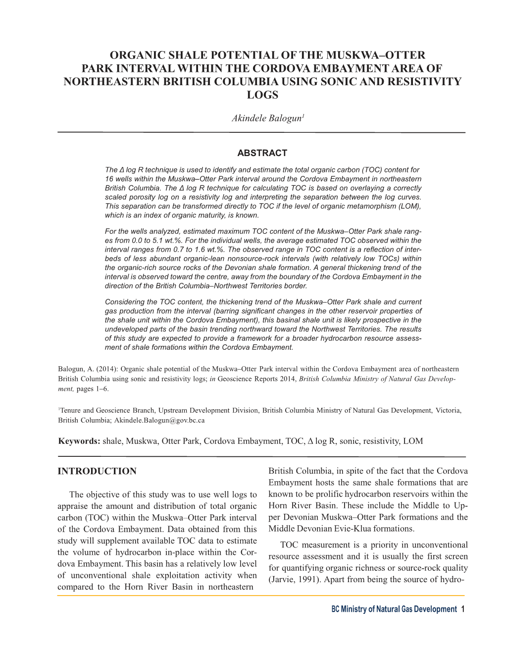 Organic Shale Potential of the Muskwa–Otter Park Interval Within the Cordova Embayment Area of Northeastern British Columbia Using Sonic and Resistivity Logs