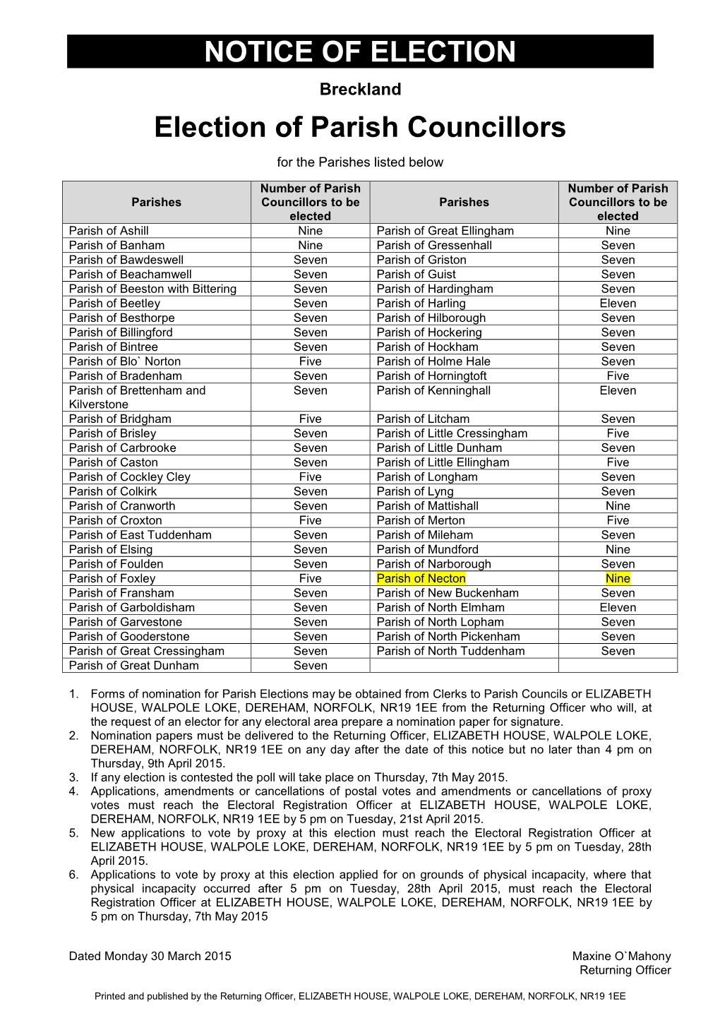 Parish Notice of Election 2015