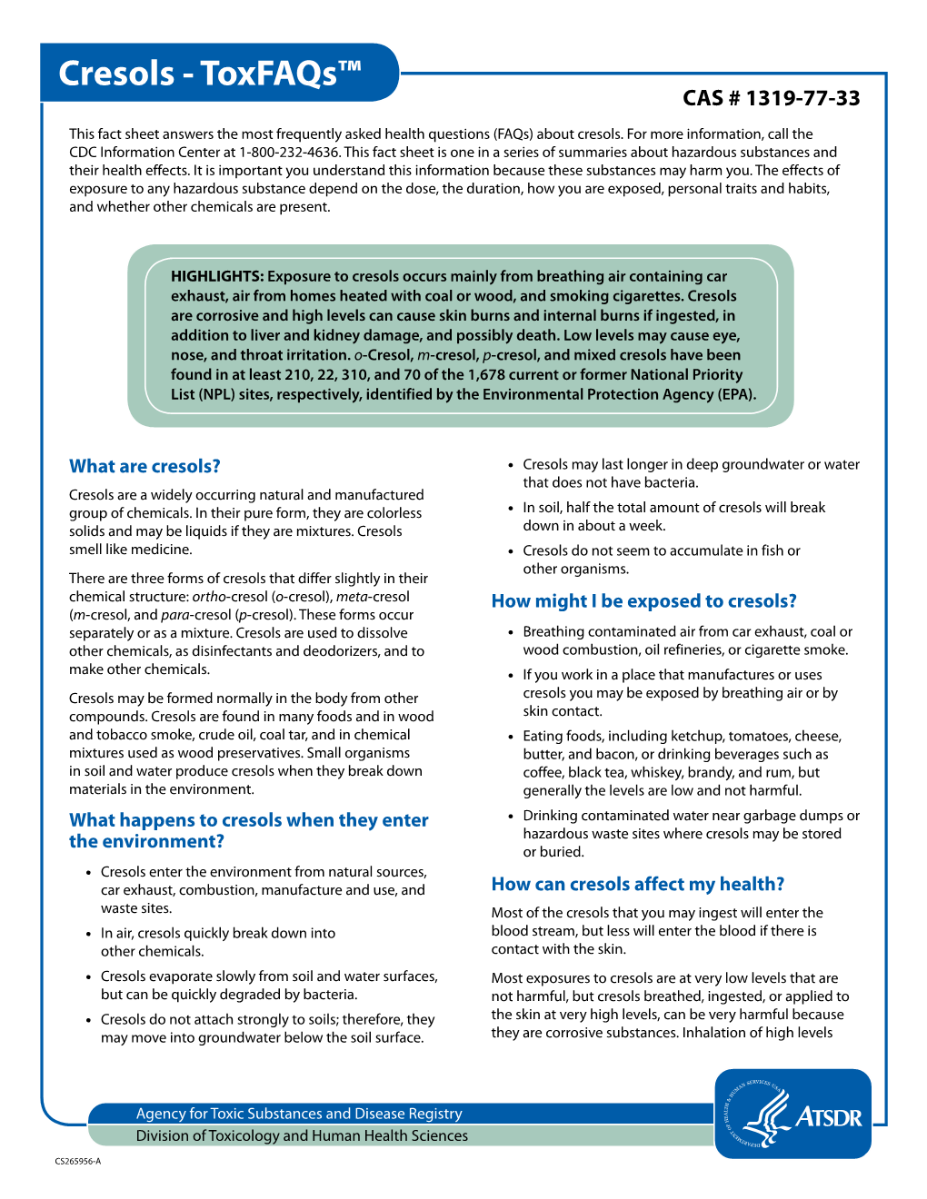 Cresols - Toxfaqs™ CAS # 1319-77-33