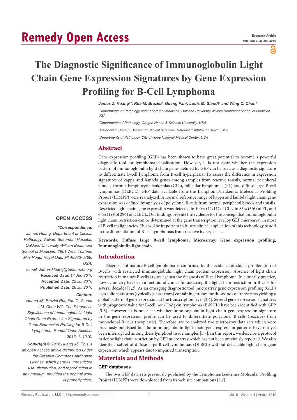 The Diagnostic Significance of Immunoglobulin Light Chain Gene Expression Signatures by Gene Expression Profiling for B-Cell Lymphoma