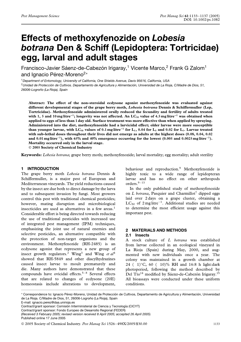 Effects of Methoxyfenozide on Lobesia Botrana