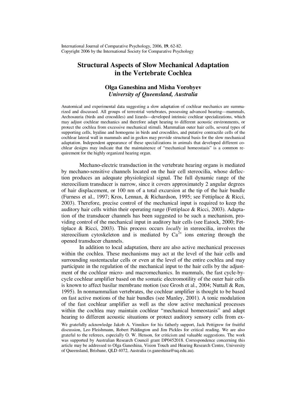 Structural Aspects of Slow Mechanical Adaptation in the Vertebrate Cochlea