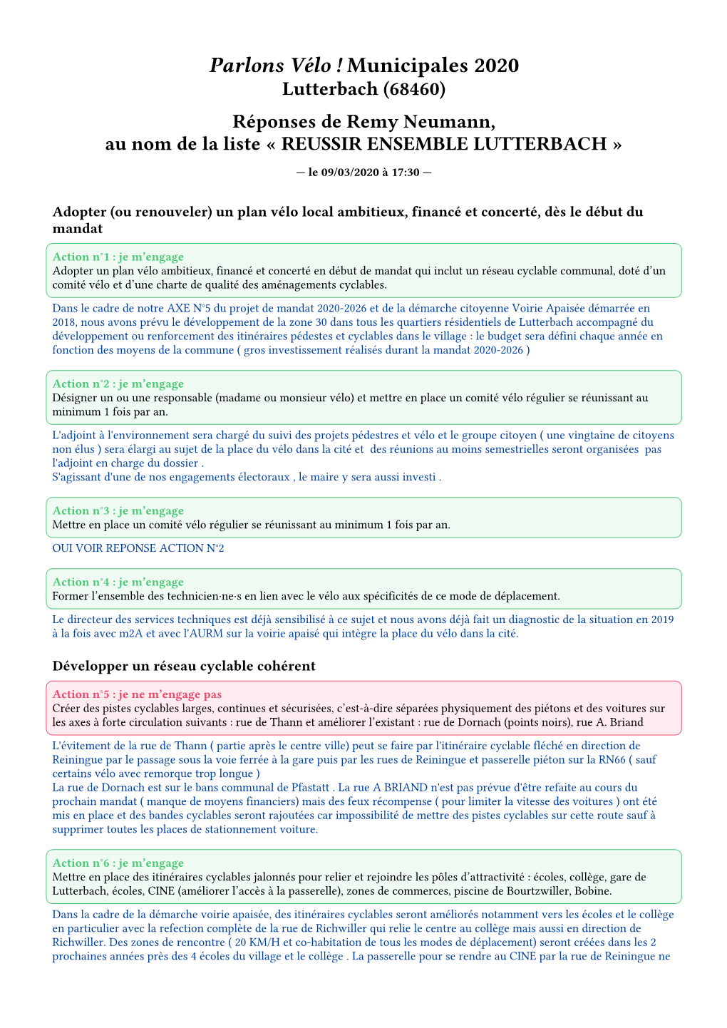 Municipales 2020 Lutterbach (68460) Réponses De Remy Neumann, Au Nom De La Liste « REUSSIR ENSEMBLE LUTTERBACH » — Le 09/03/2020 À 17:30 —