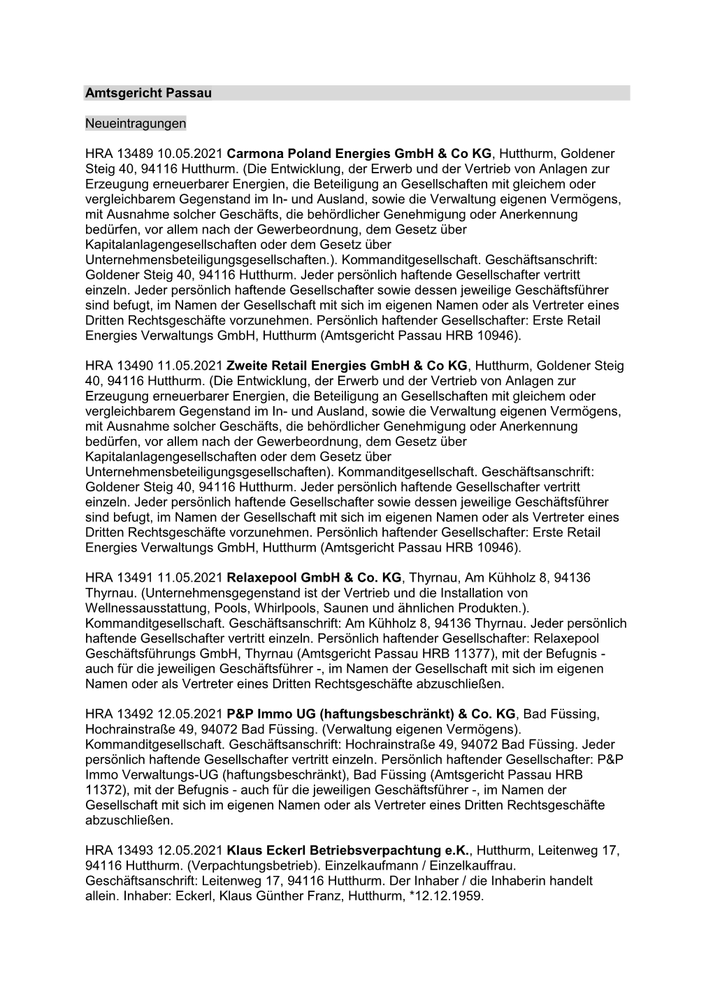 Handelsregister Mai 2021 Amtsgericht Passau