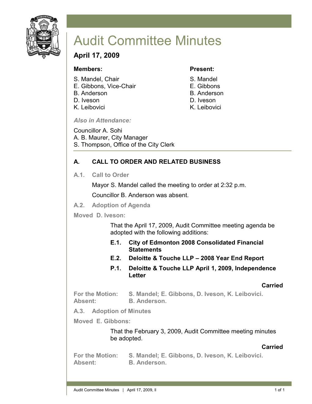 Minutes for Audit Committee April 17, 2009 Meeting