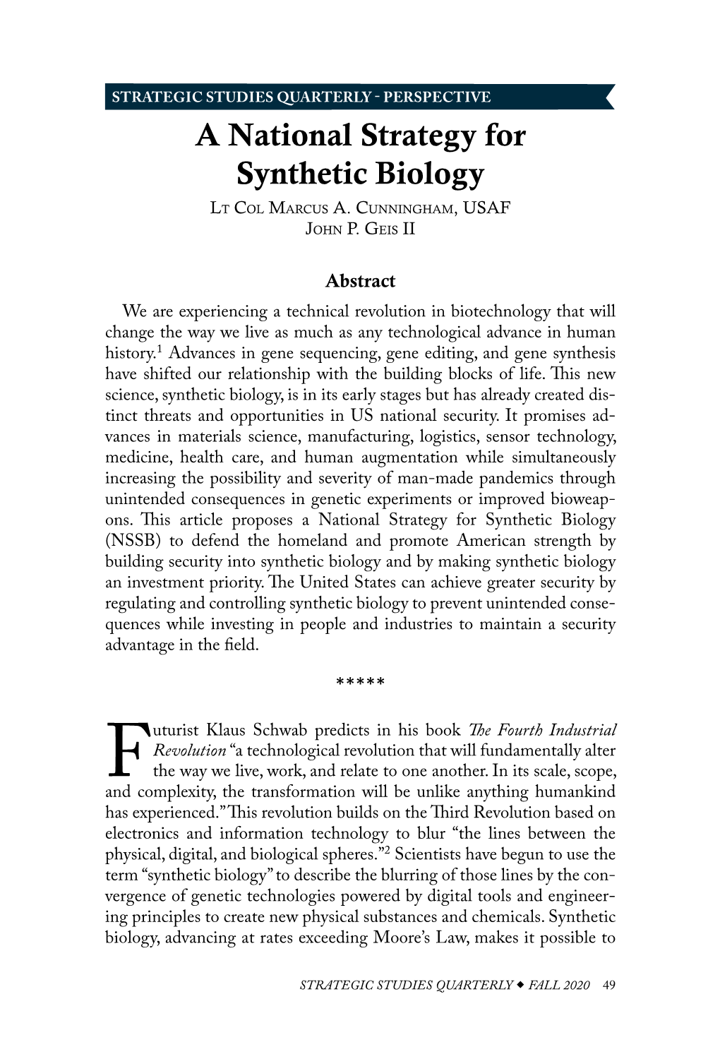 A National Strategy for Synthetic Biology Lt Col Marcus A