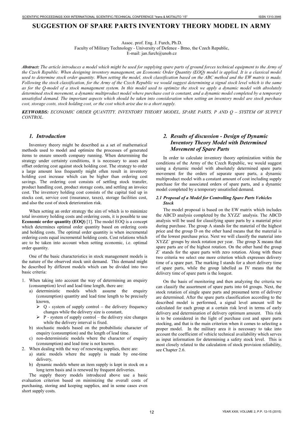 Suggestion of Spare Parts Inventory Theory Model in Army