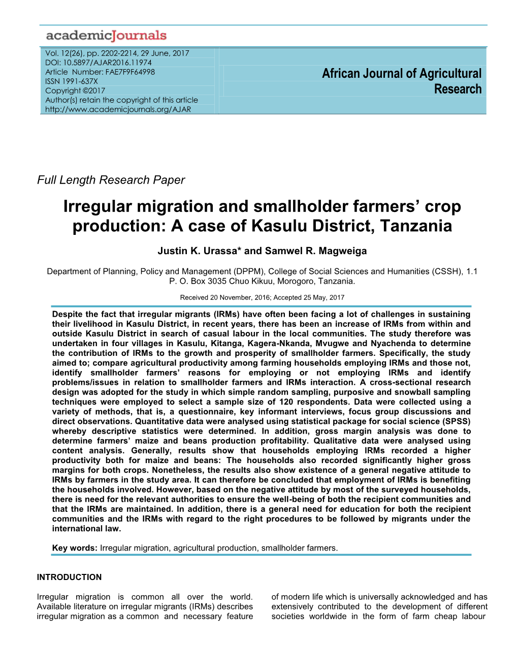 Irregular Migration and Smallholder Farmers' Crop