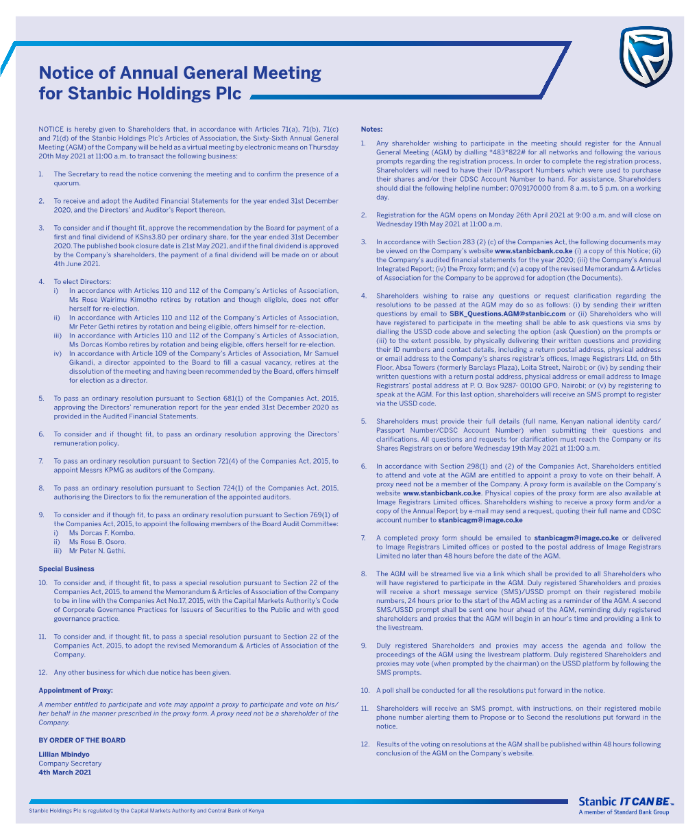 Notice of Annual General Meeting for Stanbic Holdings Plc