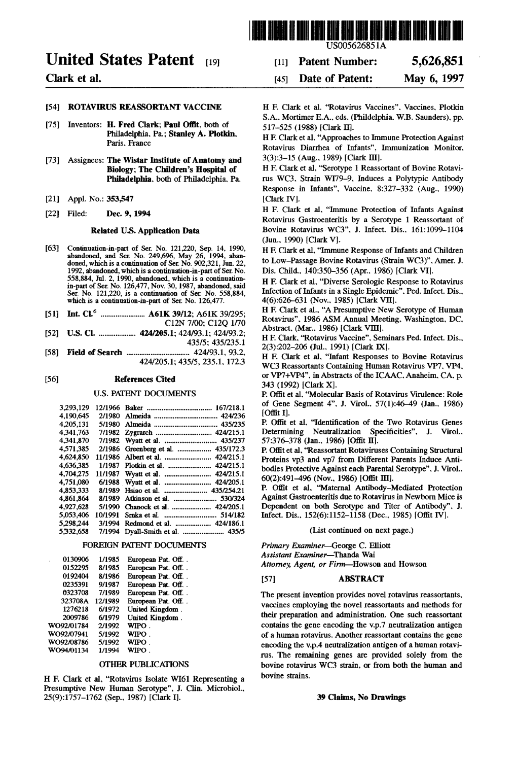 United States Patent 19 11 Patent Number: 5,626,851 Clark Et Al