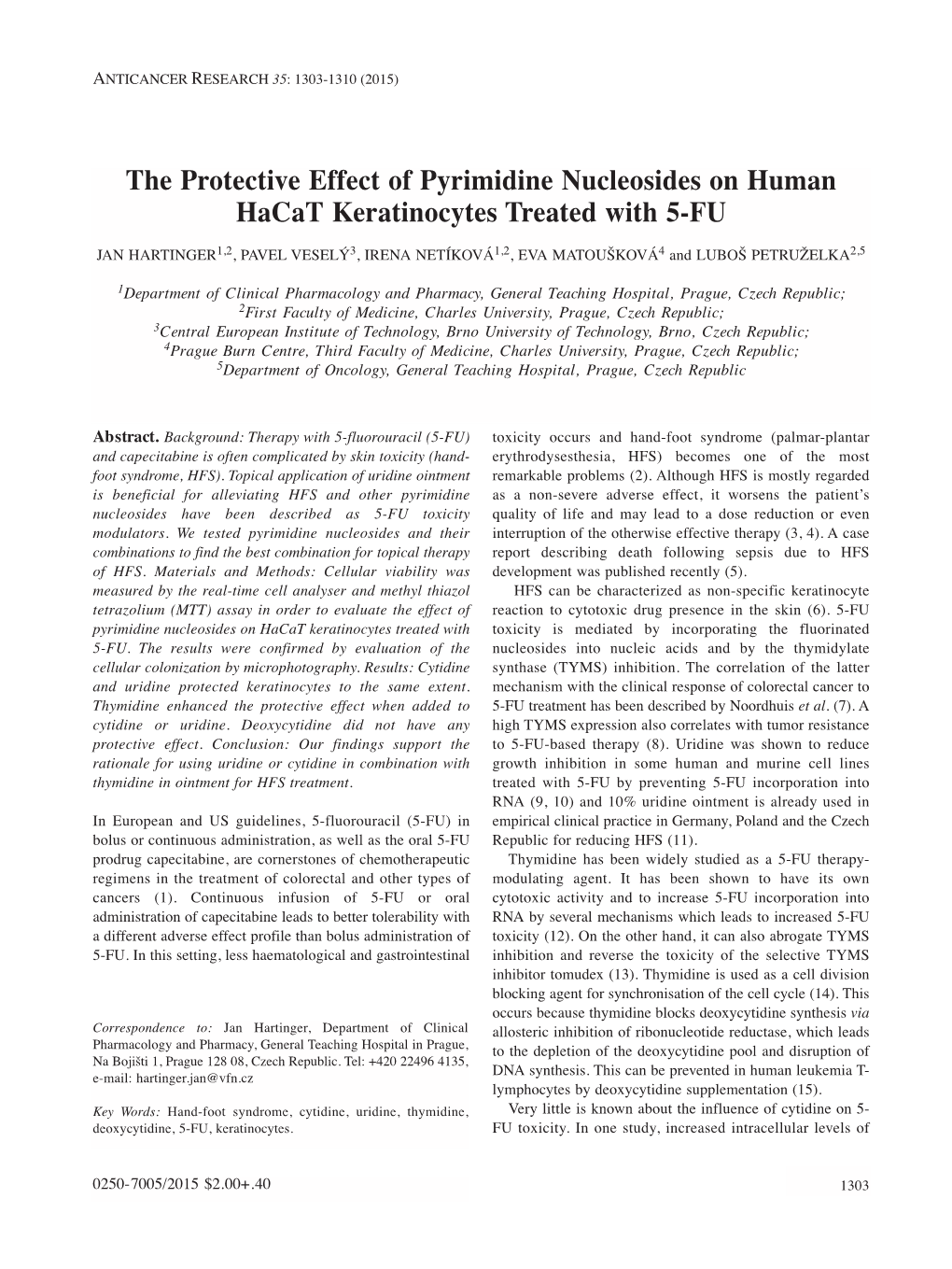 The Protective Effect of Pyrimidine Nucleosides on Human Hacat Keratinocytes Treated with 5-FU