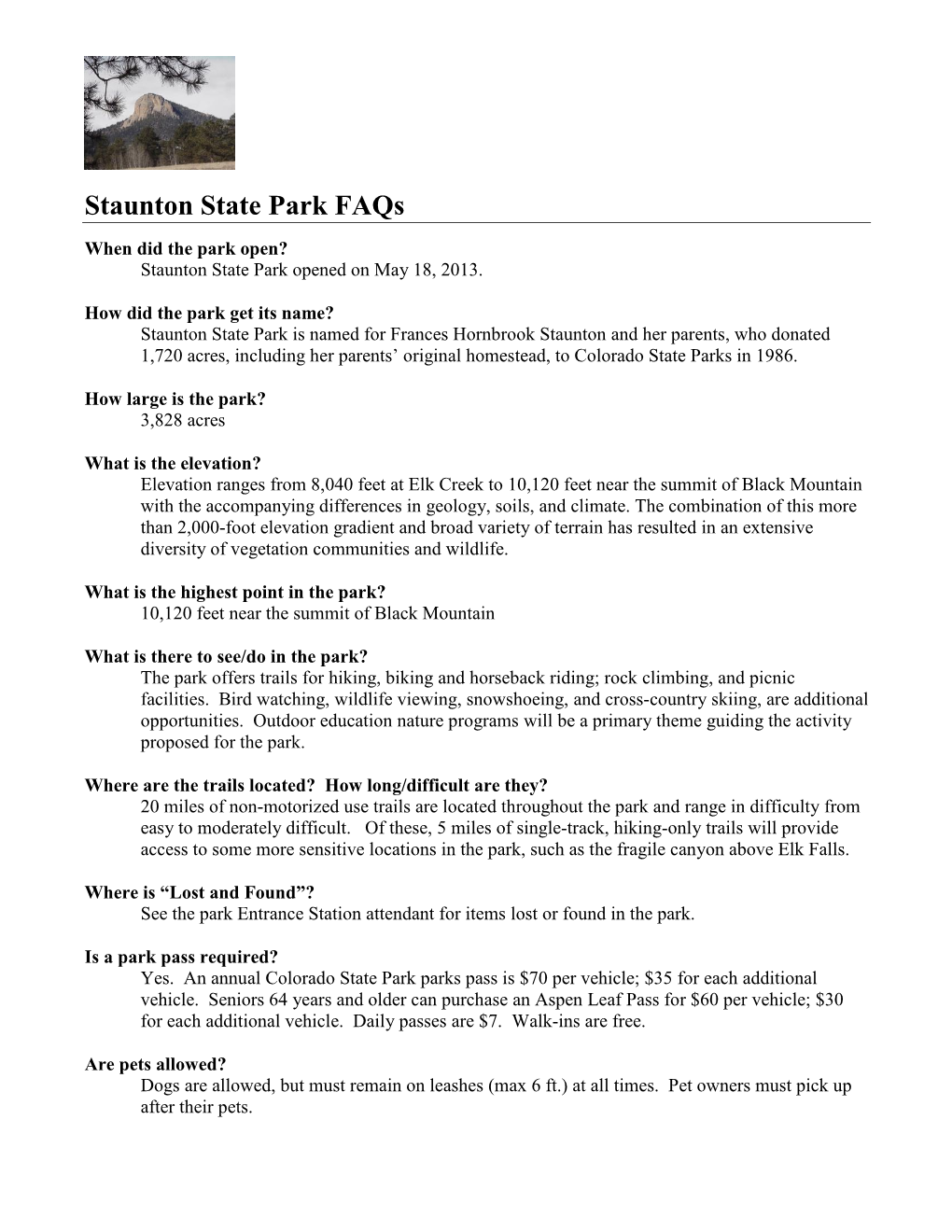 Staunton State Park Faqs