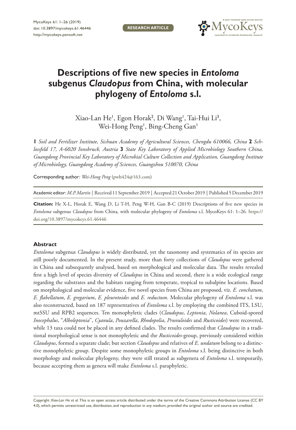 Descriptions of Five New Species in Entoloma Subgenus Claudopus from China, with Molecular Phylogeny of Entoloma S.L