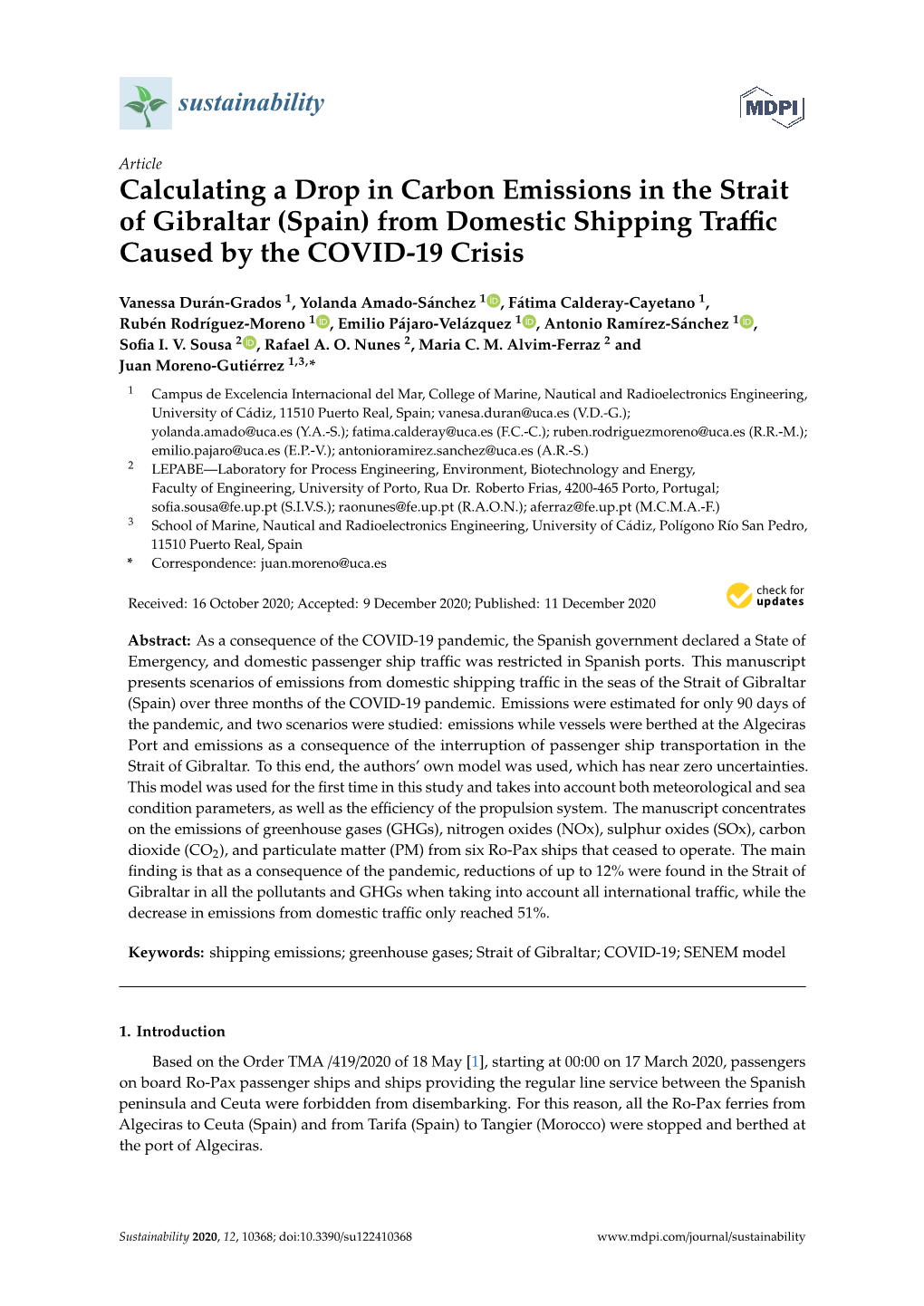 Calculating a Drop in Carbon Emissions in the Strait of Gibraltar (Spain) from Domestic Shipping Traﬃc Caused by the COVID-19 Crisis