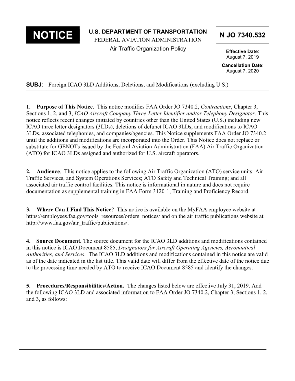 Foreign ICAO 3LD Additions, Deletions, and Modifications (Excluding U.S.)