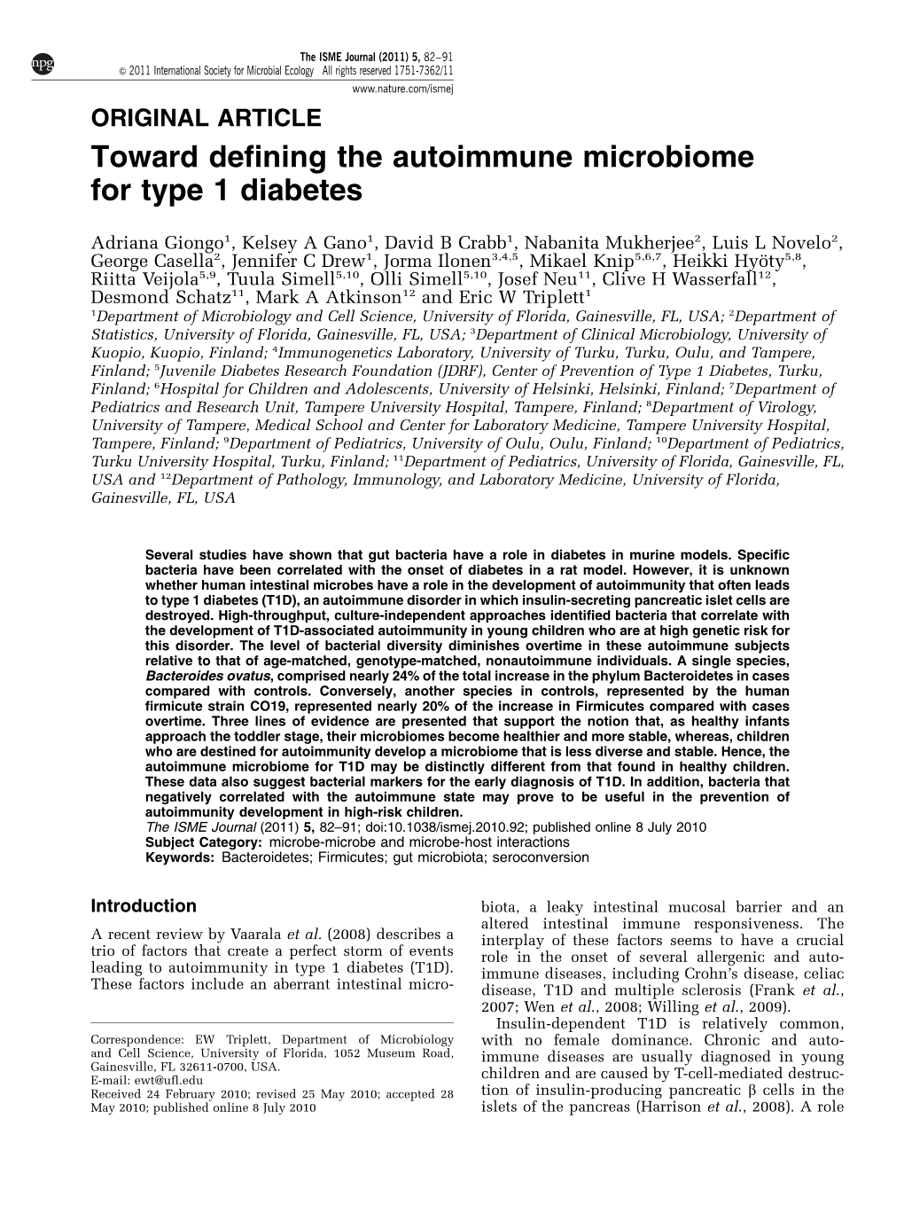 Toward Defining the Autoimmune Microbiome for Type 1 Diabetes