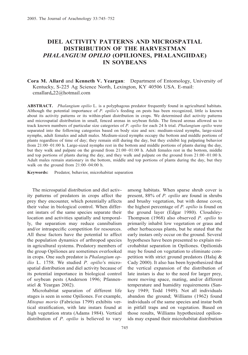 Diel Activity Patterns and Microspatial Distribution of the Harvestman Phalangium Opilio (Opiliones, Phalangiidae) in Soybeans