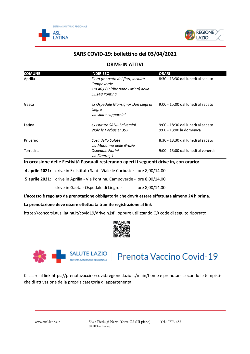 Bollettino ASL Latina Del 3 Aprile 2021