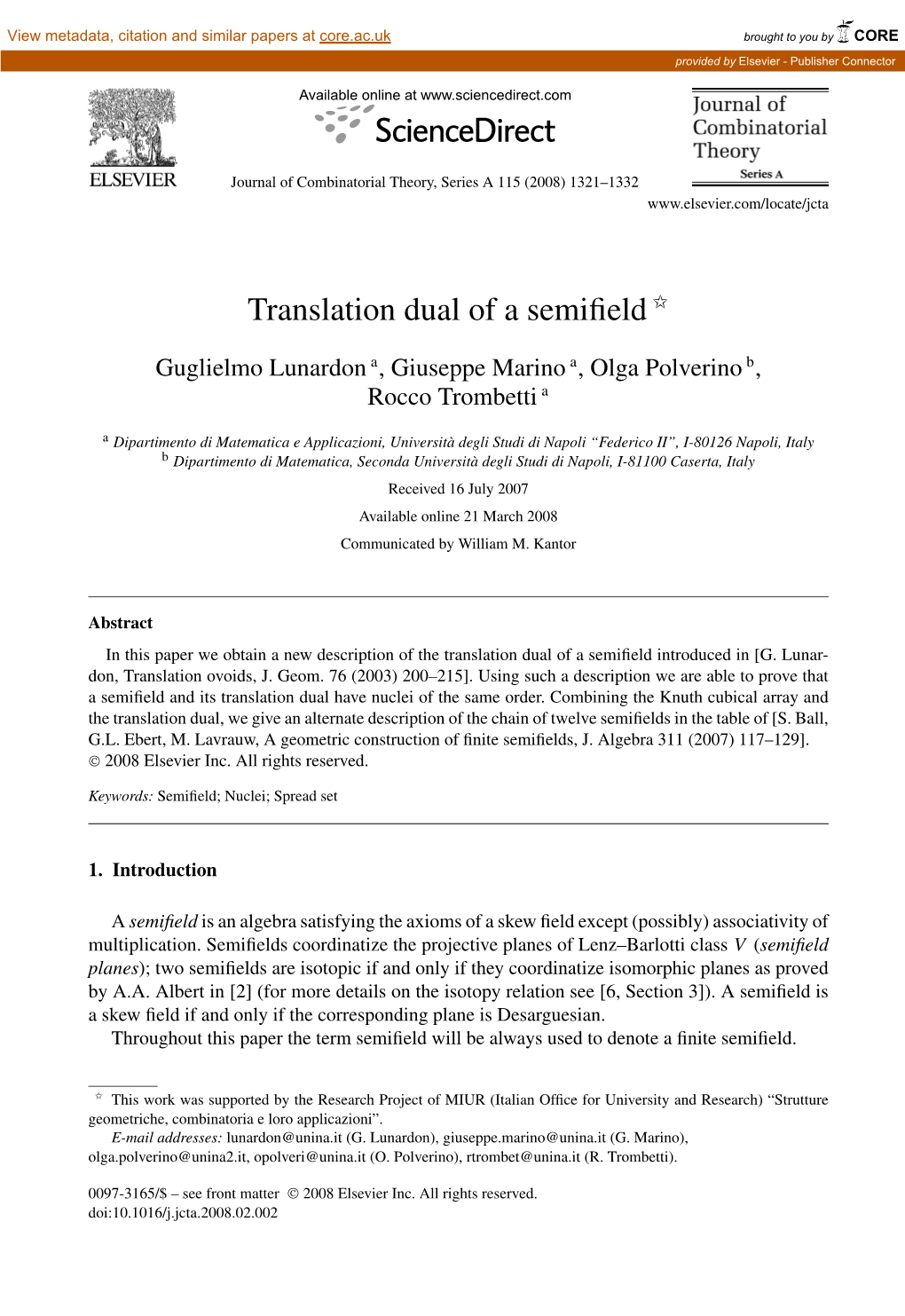 Translation Dual of a Semifield