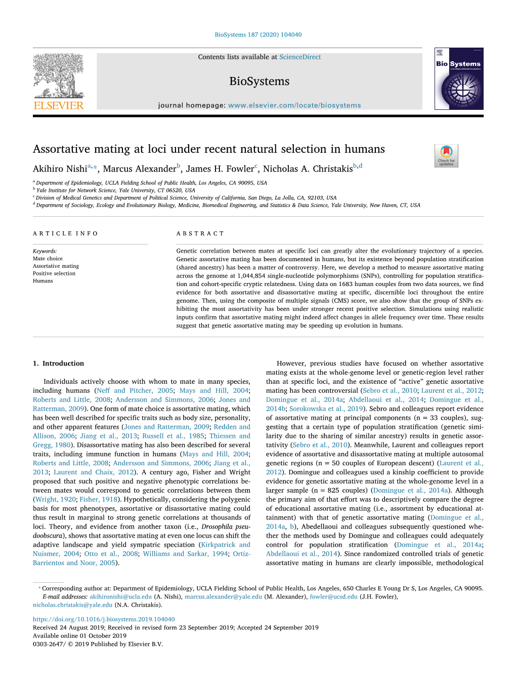 Assortative Mating at Loci Under Recent Natural Selection in Humans T Akihiro Nishia,*, Marcus Alexanderb, James H