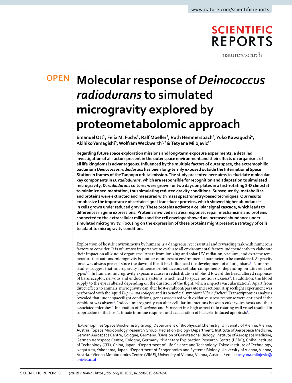 Molecular Response of Deinococcus Radiodurans to Simulated Microgravity Explored by Proteometabolomic Approach Emanuel Ott1, Felix M