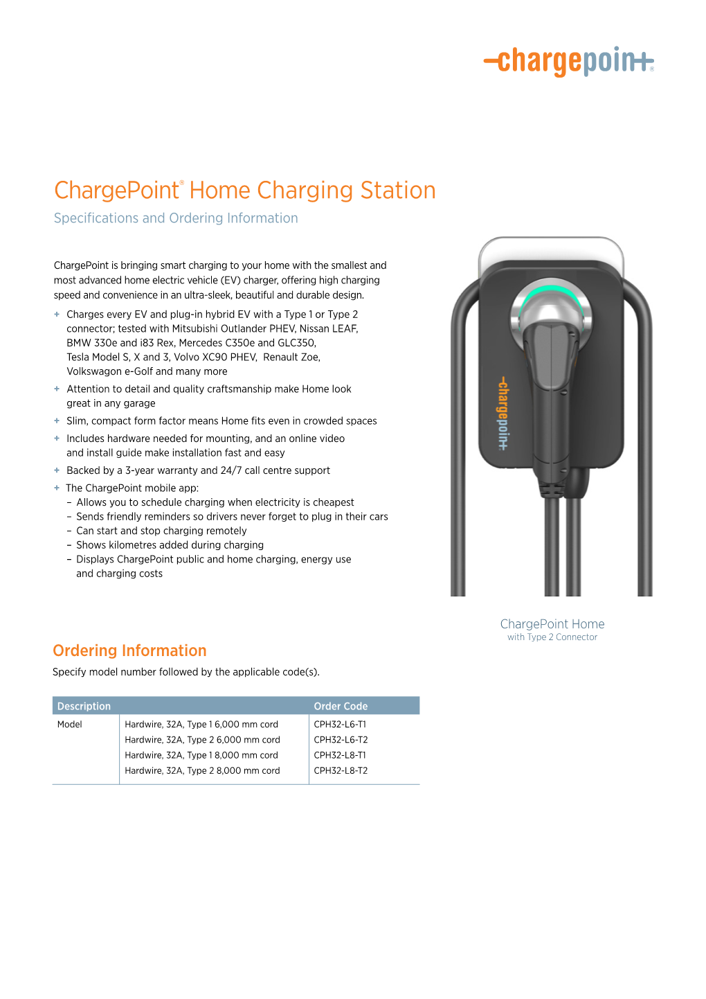 Chargepoint® Home Charging Station Specifications and Ordering Information