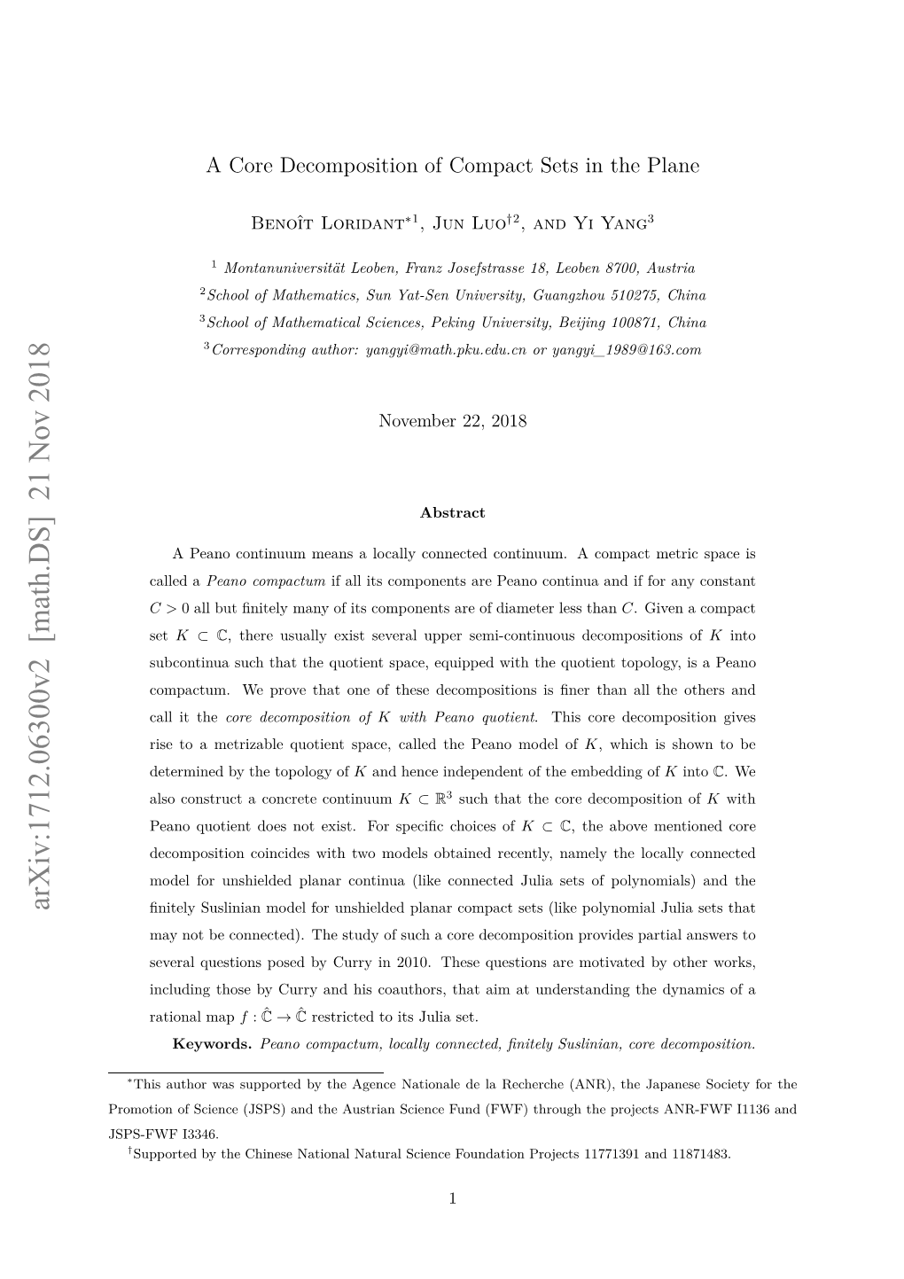 A Core Decomposition of Compact Sets in the Plane