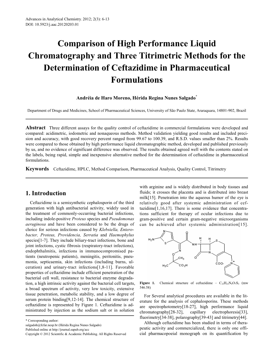 Ceftazidime, HPLC, Method Comparison, Pharmaceutical Analysis, Quality Control, Titrimetry