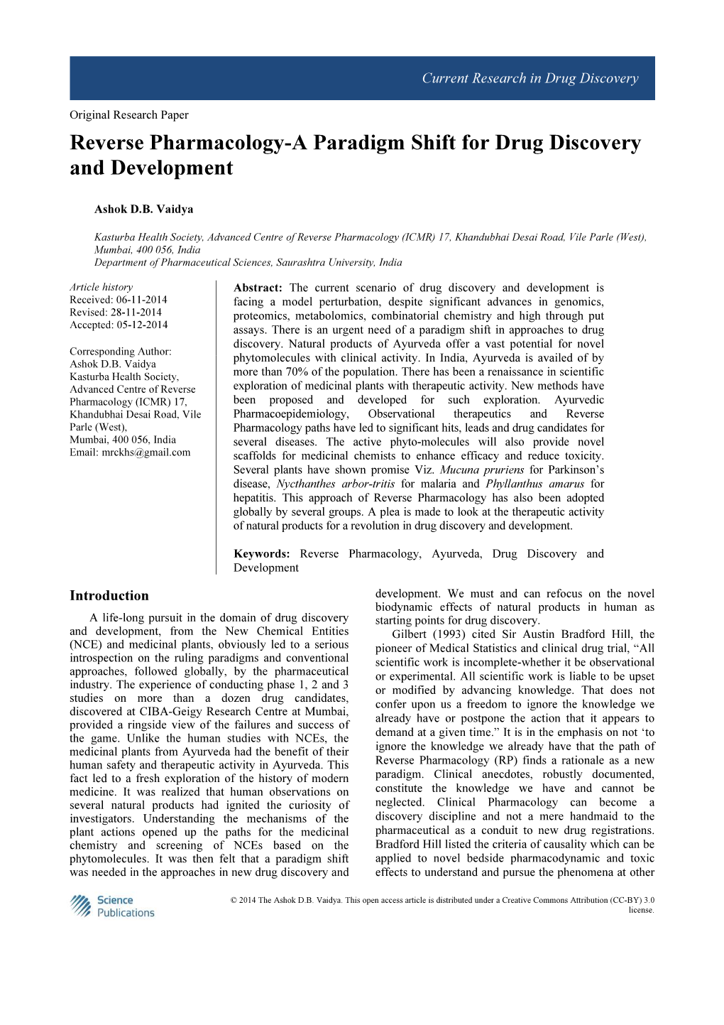 Reverse Pharmacology-A Paradigm Shift for Drug Discovery and Development