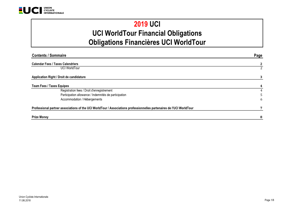 2019 UCI UCI Worldtour Financial Obligations Obligations Financières UCI Worldtour