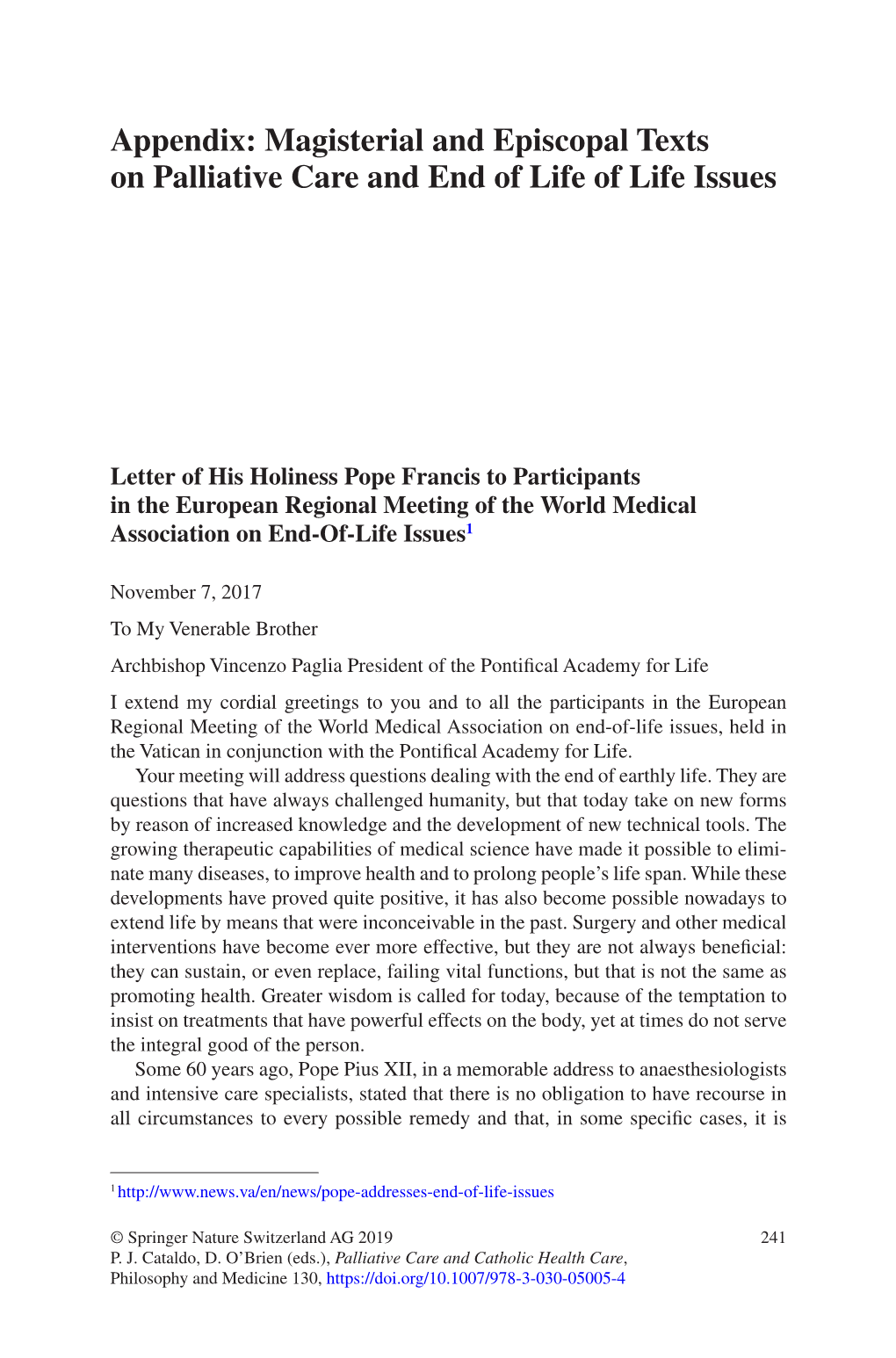 Magisterial and Episcopal Texts on Palliative Care and End of Life of Life Issues