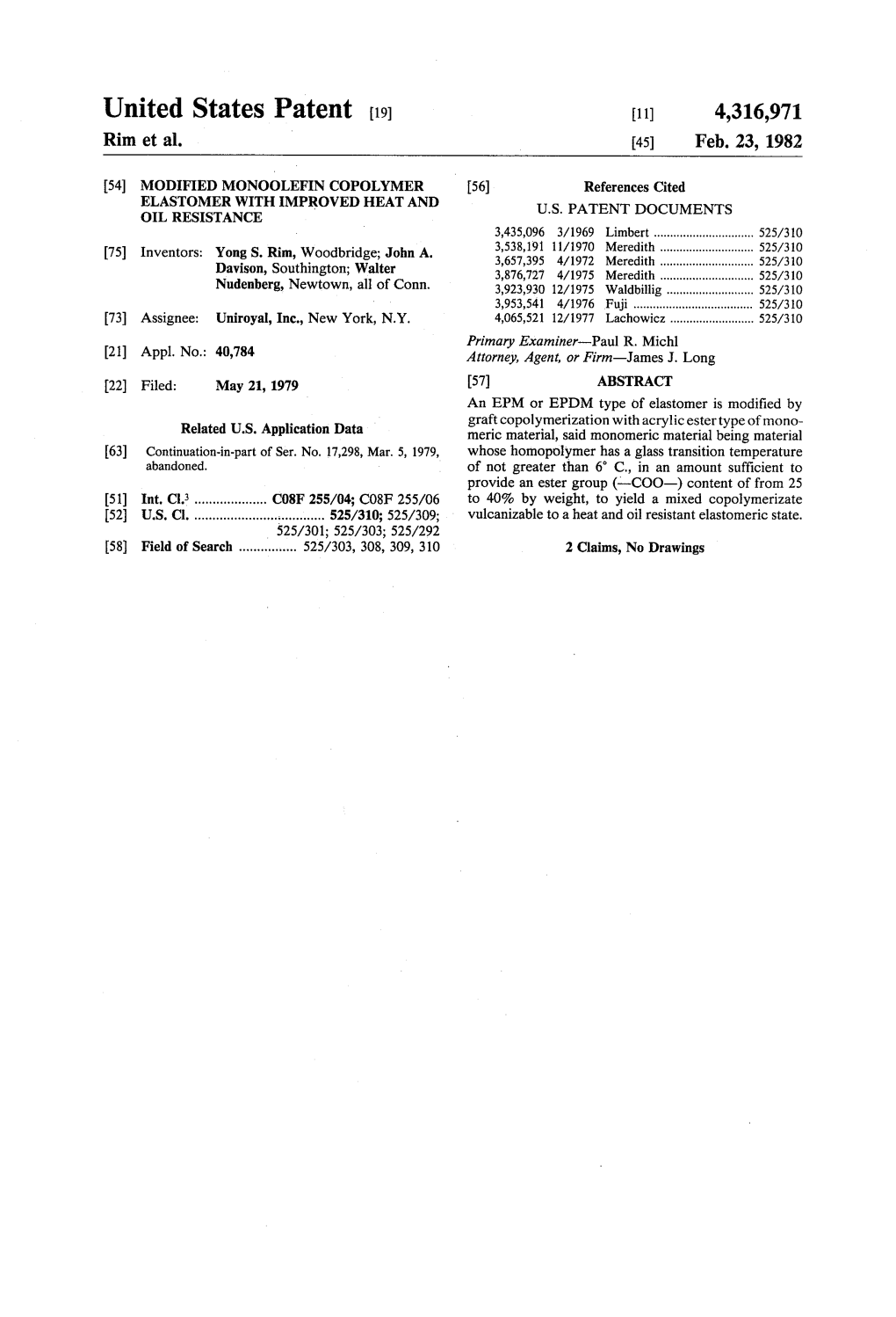 United States Patent (19) 11) 4,316,971 Rim Et Al