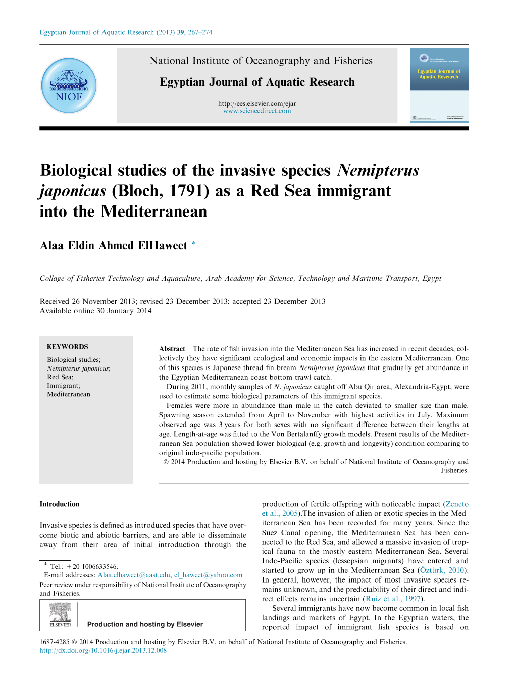 Biological Studies of the Invasive Species Nemipterus Japonicus (Bloch, 1791) As a Red Sea Immigrant Into the Mediterranean