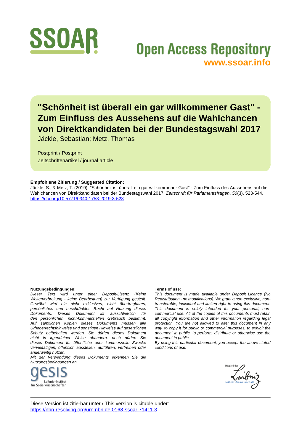 Zum Einfluss Des Aussehens Auf Die Wahlchancen Von Direktkandidaten Bei Der Bundestagswahl 2017 Jäckle, Sebastian; Metz, Thomas