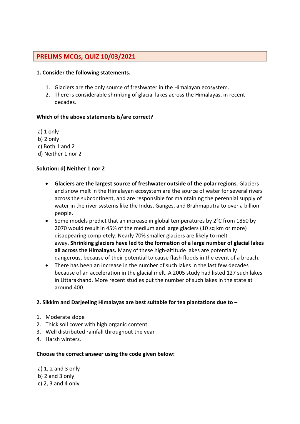 PRELIMS Mcqs, QUIZ 10/03/2021