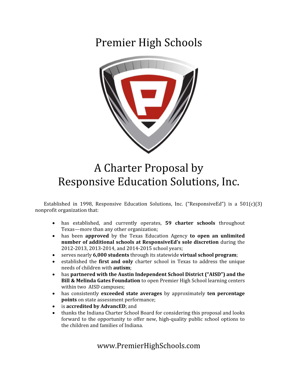 Premier High Schools a Charter Proposal by Responsive Education Solutions, Inc