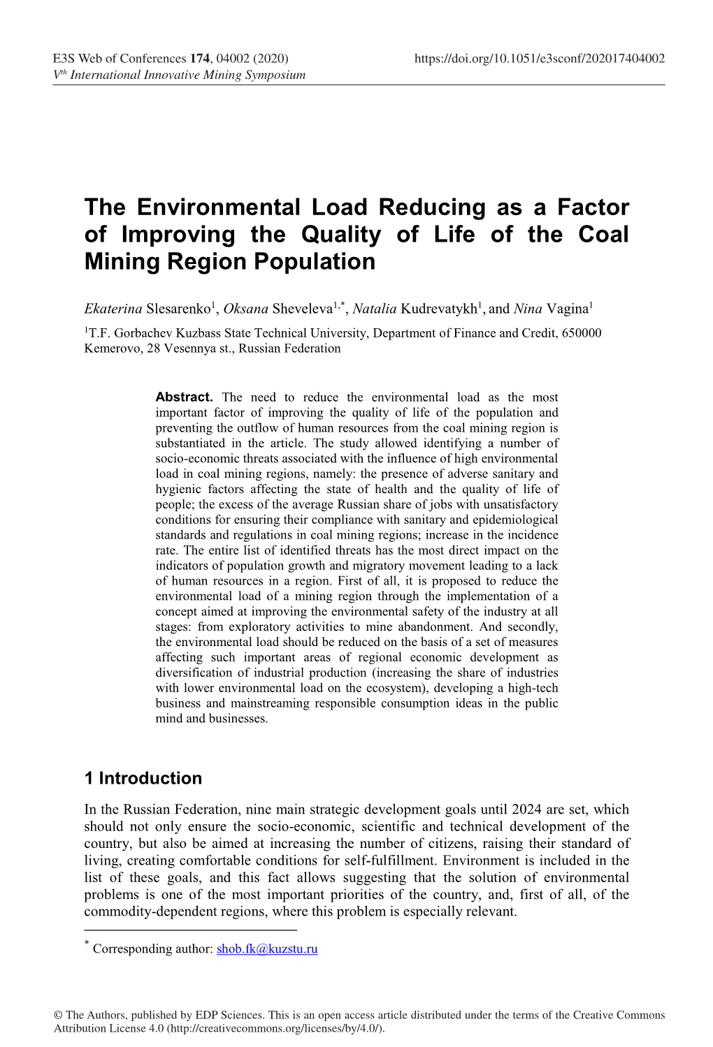 The Environmental Load Reducing As a Factor of Improving the Quality of Life of the Coal Mining Region Population