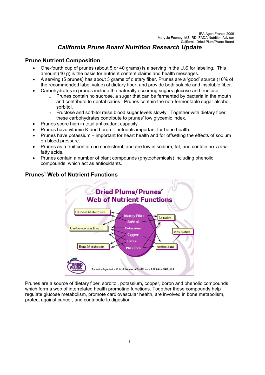 California Prune Board Nutrition Research Update