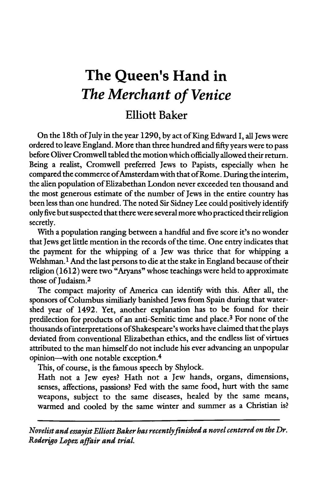 The Queen's Hand in the Merchant of Venice