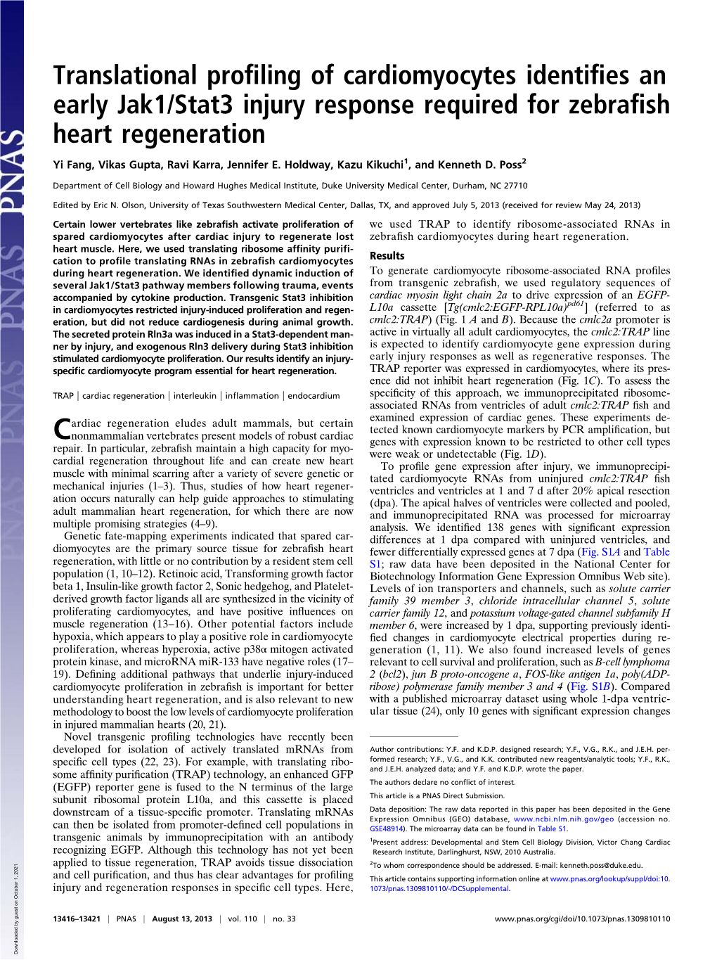Translational Profiling of Cardiomyocytes Identifies an Early Jak1/Stat3 Injury Response Required for Zebrafish Heart Regenerati