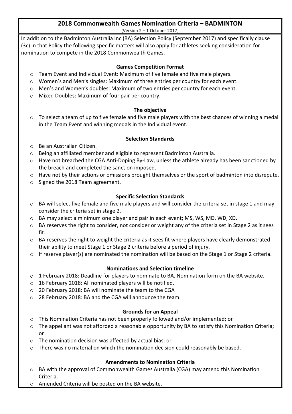 2018 Commonwealth Games Nomination Criteria – BADMINTON