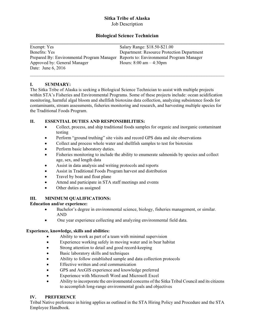 Sitka Tribe of Alaska Job Description