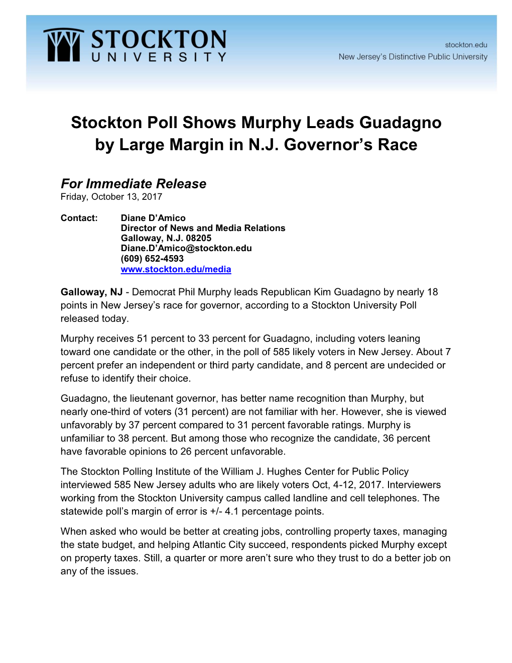 Stockton Poll Shows Murphy Leads Guadagno by Large Margin in N.J. Governor’S Race